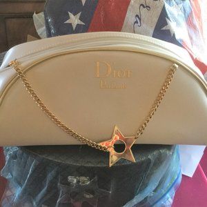 Dior Gold Star White Satin Zippered Bag w/Gold Piping 11" x 5" Cosmetic/Clutch